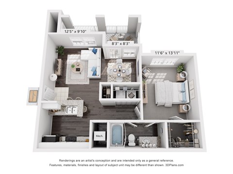 A 3D floor plan of a small apartment with a kitchen, living room, and bathroom.
